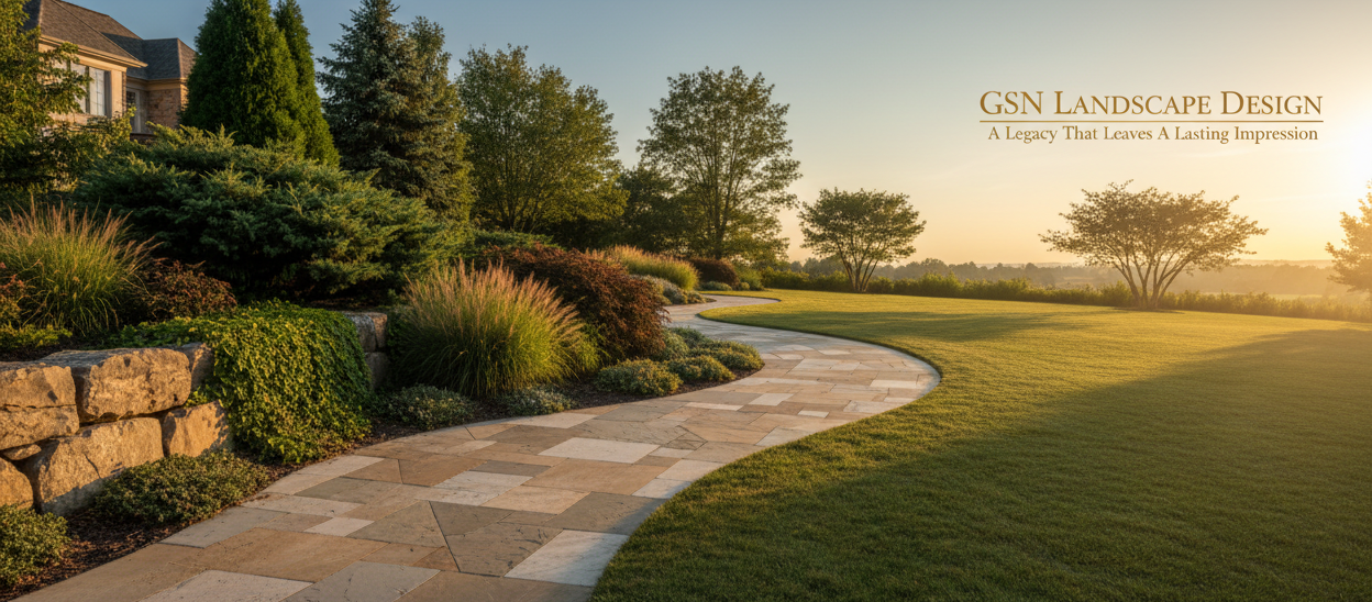 Landscape design with a pathway, grass, and trees with 'GSN Landscape Design' text.